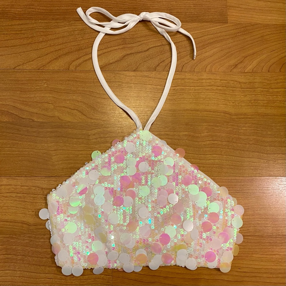 White Holographic Disc Sequin Halter Festival Bra Top